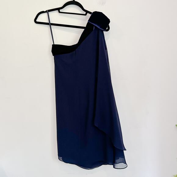 Ralph Lauren Black Label Chiffon Velvet One Shoulder Dress Navy Size 4 - Picture 7 of 9